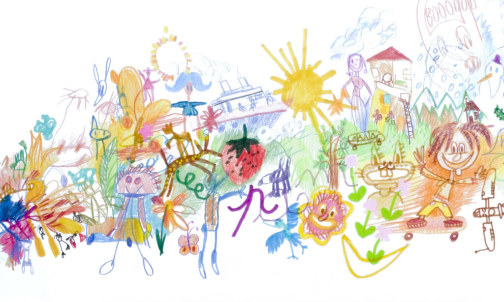 Panache : dessin techniques mixtes reprenant les styles et motifs des dessins d'enfant de six mois à 10 ans.